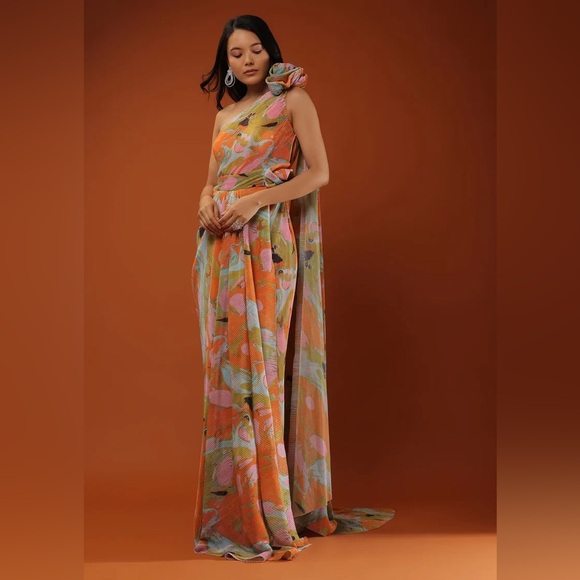 NWT Multicolor Gown In Abstract Print With One Shoulder - Picture 1 of 5